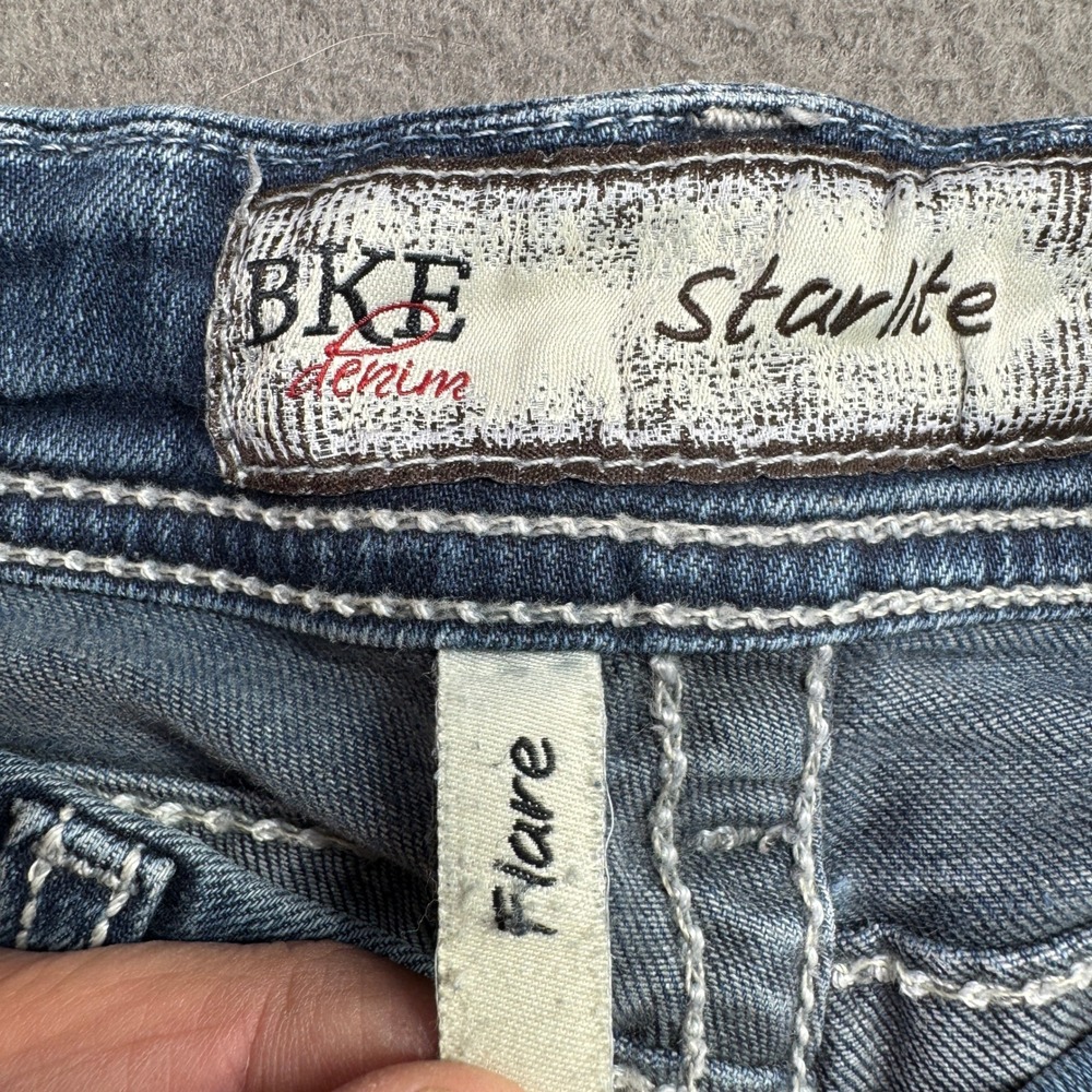 BKE Starlite Flare Jeans Women 27L Blue Denim Low Rise Thick Stitch Y2K Boho - Picture 6 of 15